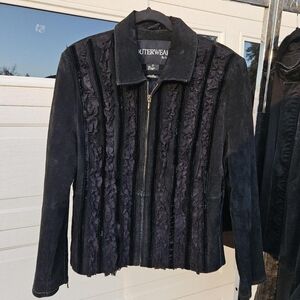 Outerwear By Lisa Vintage Suede Leather Jacket Velvet Lace Trim Size Large